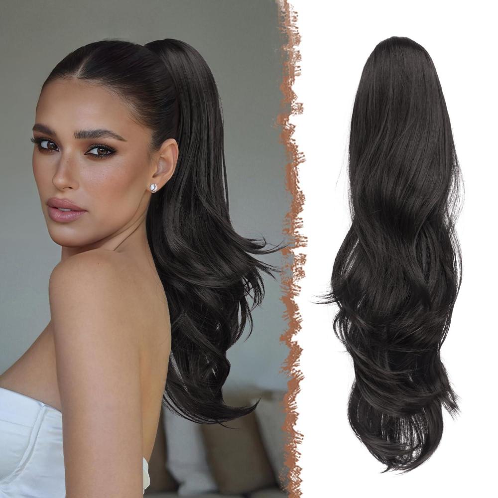 imageFESHFEN Drawstring Ponytail Extension Natural Long Wavy Layered Synthetic Pony Tails Honey Blonde Mixed Light Brown Hair Extensions Hairpieces for Women 20 inch2 Natural Black