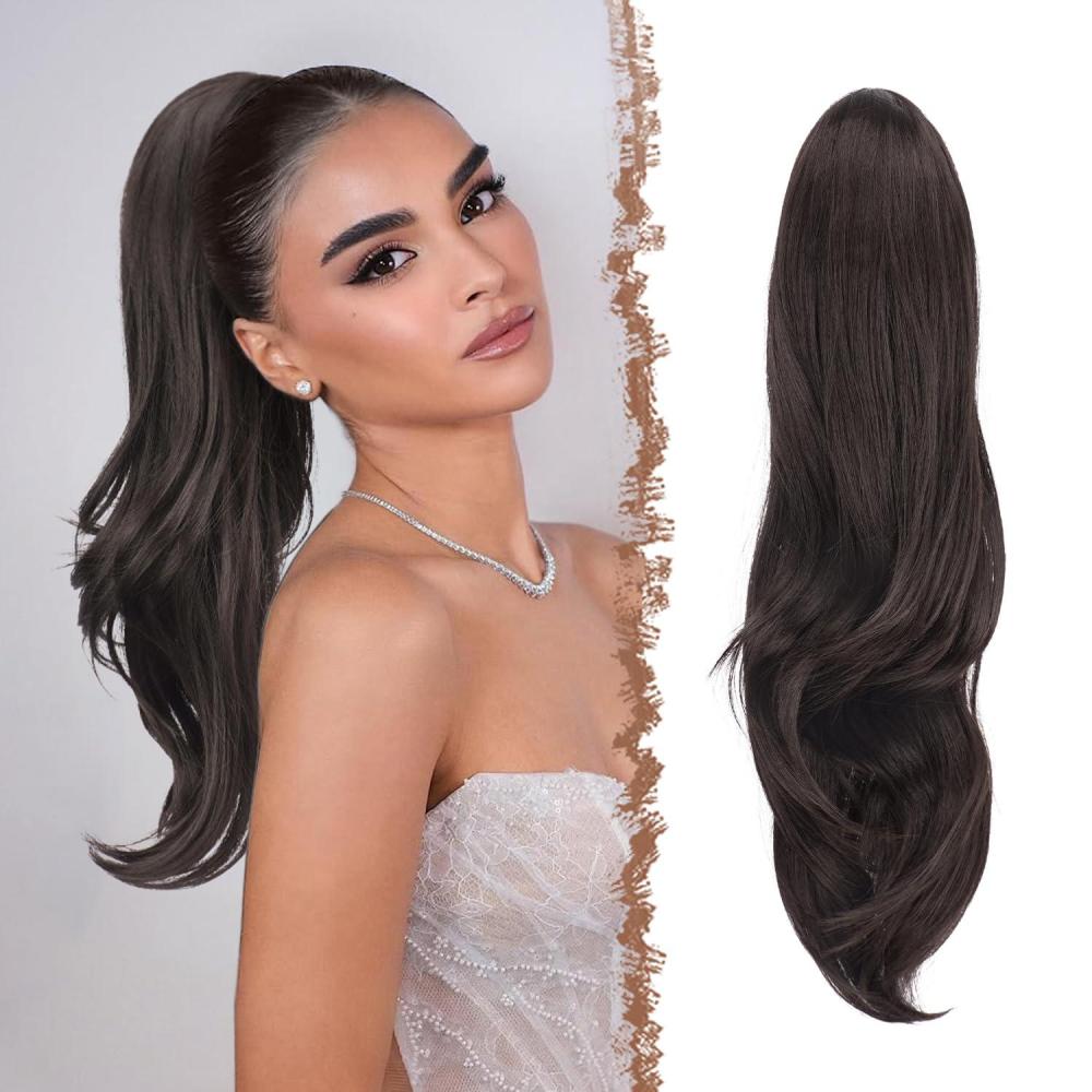 imageFESHFEN Drawstring Ponytail Extension Natural Long Wavy Layered Synthetic Pony Tails Honey Blonde Mixed Light Brown Hair Extensions Hairpieces for Women 20 inch4 Black Brown