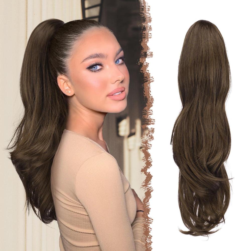 imageFESHFEN Drawstring Ponytail Extension Natural Long Wavy Layered Synthetic Pony Tails Honey Blonde Mixed Light Brown Hair Extensions Hairpieces for Women 20 inch810 Moss Brown