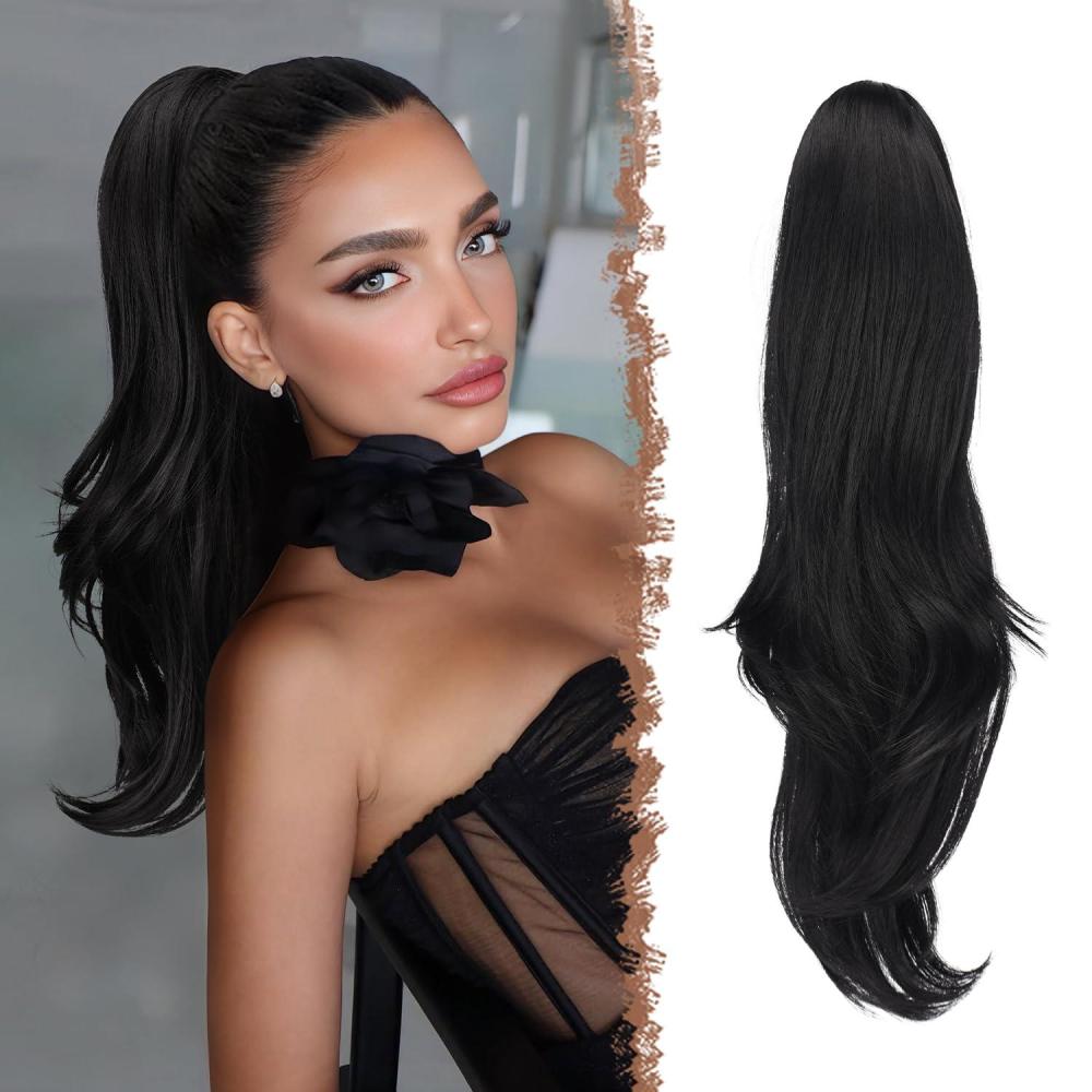 imageFESHFEN Drawstring Ponytail Extension Natural Long Wavy Layered Synthetic Pony Tails Honey Blonde Mixed Light Brown Hair Extensions Hairpieces for Women 20 inch1B Black