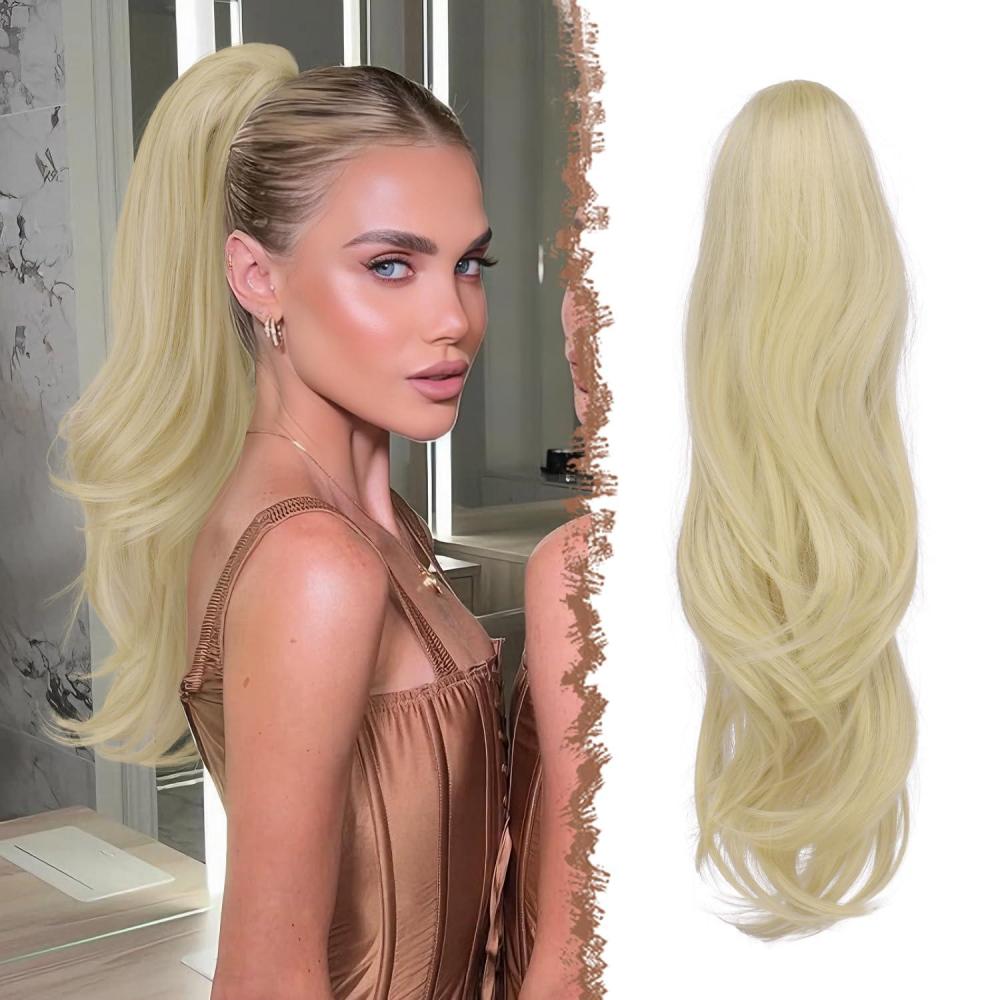 imageFESHFEN Drawstring Ponytail Extension Natural Long Wavy Layered Synthetic Pony Tails Honey Blonde Mixed Light Brown Hair Extensions Hairpieces for Women 20 inch16613 Ash Blonde