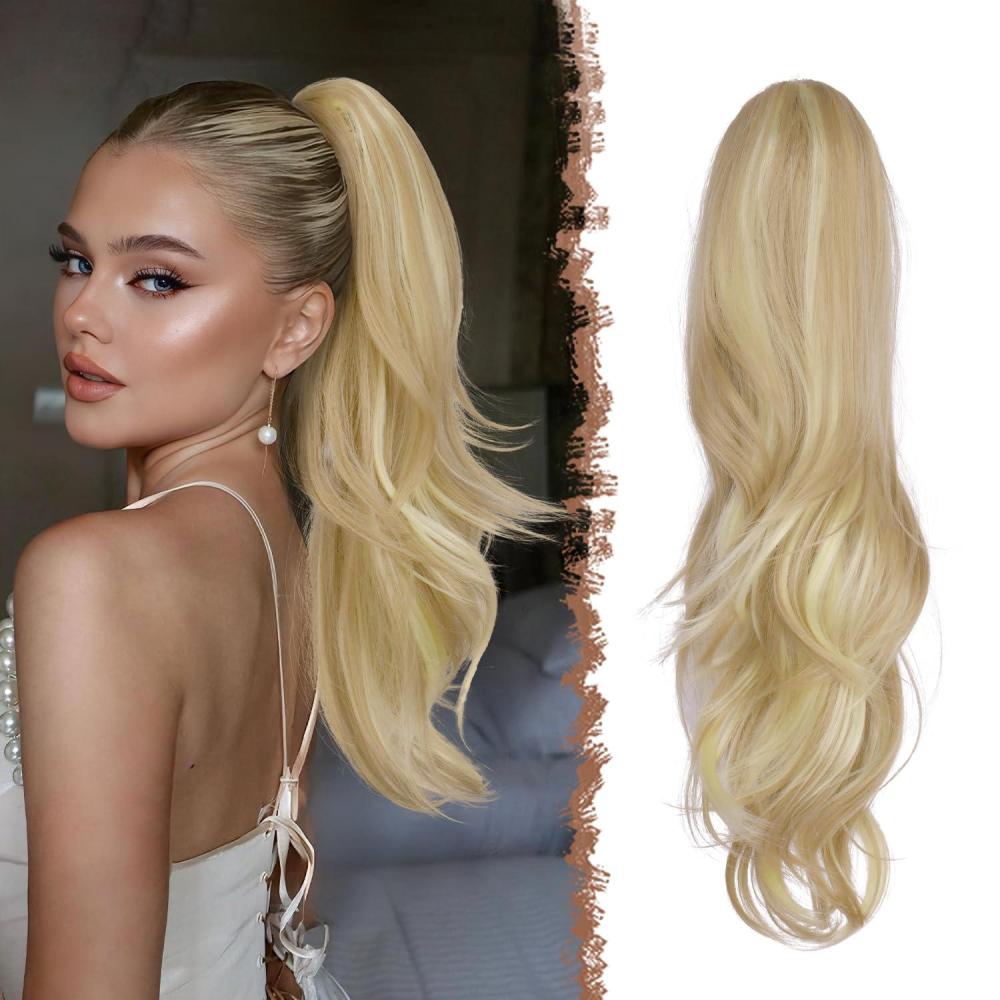 imageFESHFEN Drawstring Ponytail Extension Natural Long Wavy Layered Synthetic Pony Tails Honey Blonde Mixed Light Brown Hair Extensions Hairpieces for Women 20 inch16H613 Dirty Blonde