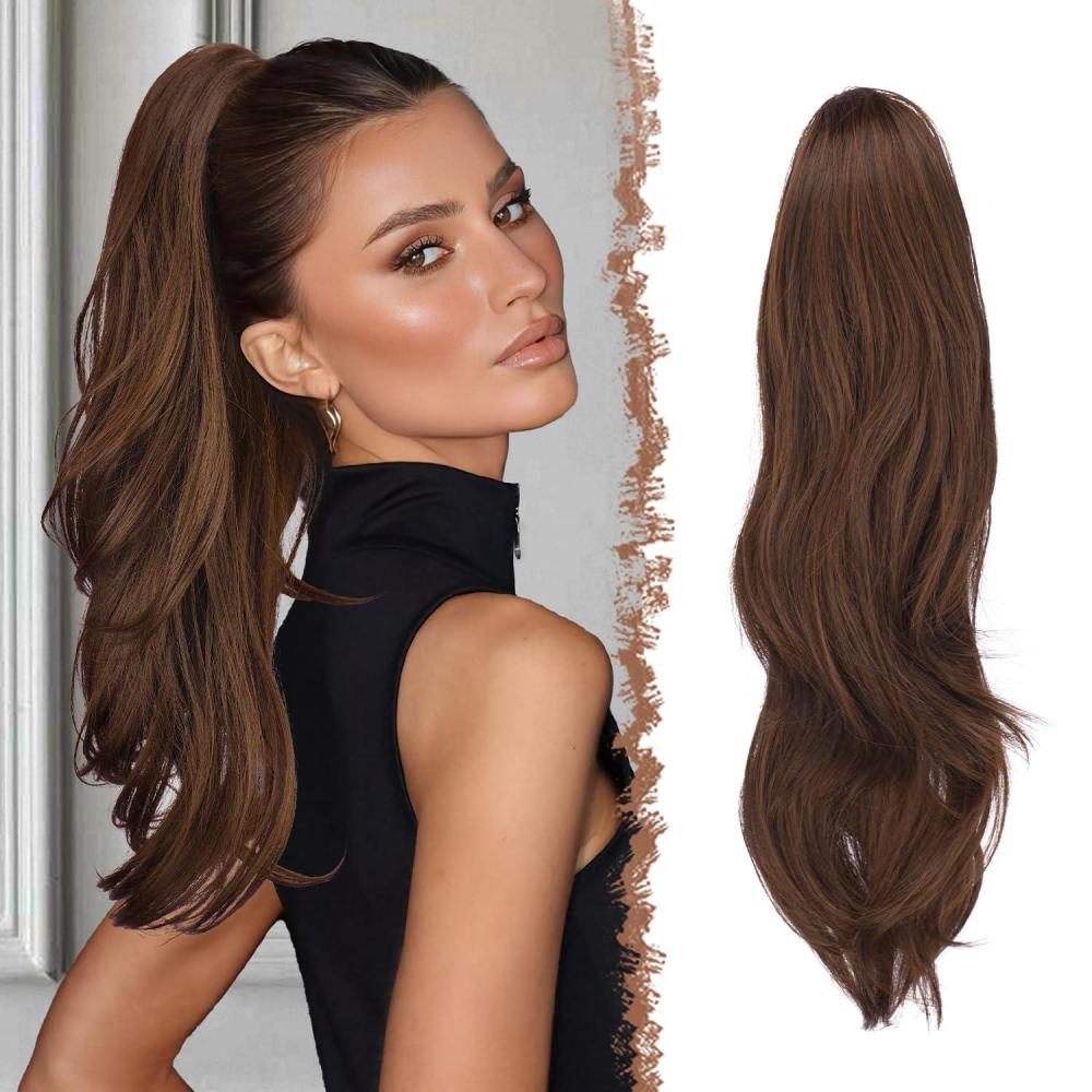 imageFESHFEN Drawstring Ponytail Extension Natural Long Wavy Layered Synthetic Pony Tails Honey Blonde Mixed Light Brown Hair Extensions Hairpieces for Women 20 inch430 Brown Auburn Mixed