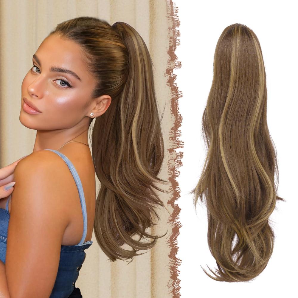 imageFESHFEN Drawstring Ponytail Extension Natural Long Wavy Layered Synthetic Pony Tails Honey Blonde Mixed Light Brown Hair Extensions Hairpieces for Women 20 inch22H10 Honey Blonde Mixed Light Brown