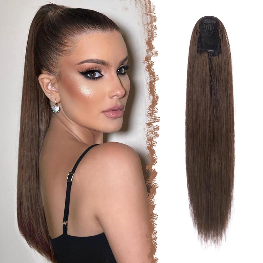 imageFESHFEN Drawstring Ponytail Extensions Natural Long Straight Clip in Synthetic Hair Pieces Drawstring Ponytails Hairpieces for Women Light Brown 20 inchLight BrownDrawstring