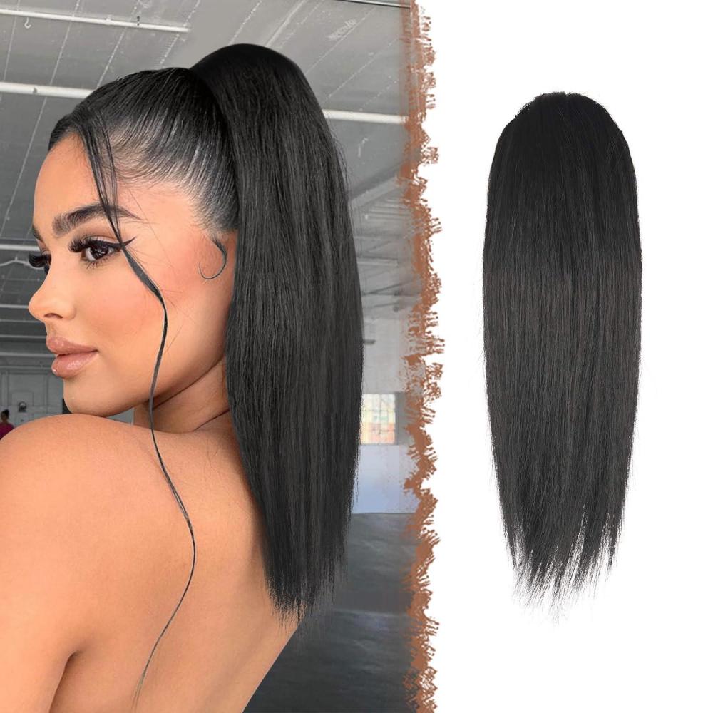 imageFESHFEN Drawstring Ponytail Extensions Natural Long Straight Clip in Synthetic Hair Pieces Drawstring Ponytails Hairpieces for Women Light Brown 20 inchNatural BlackDrawstring