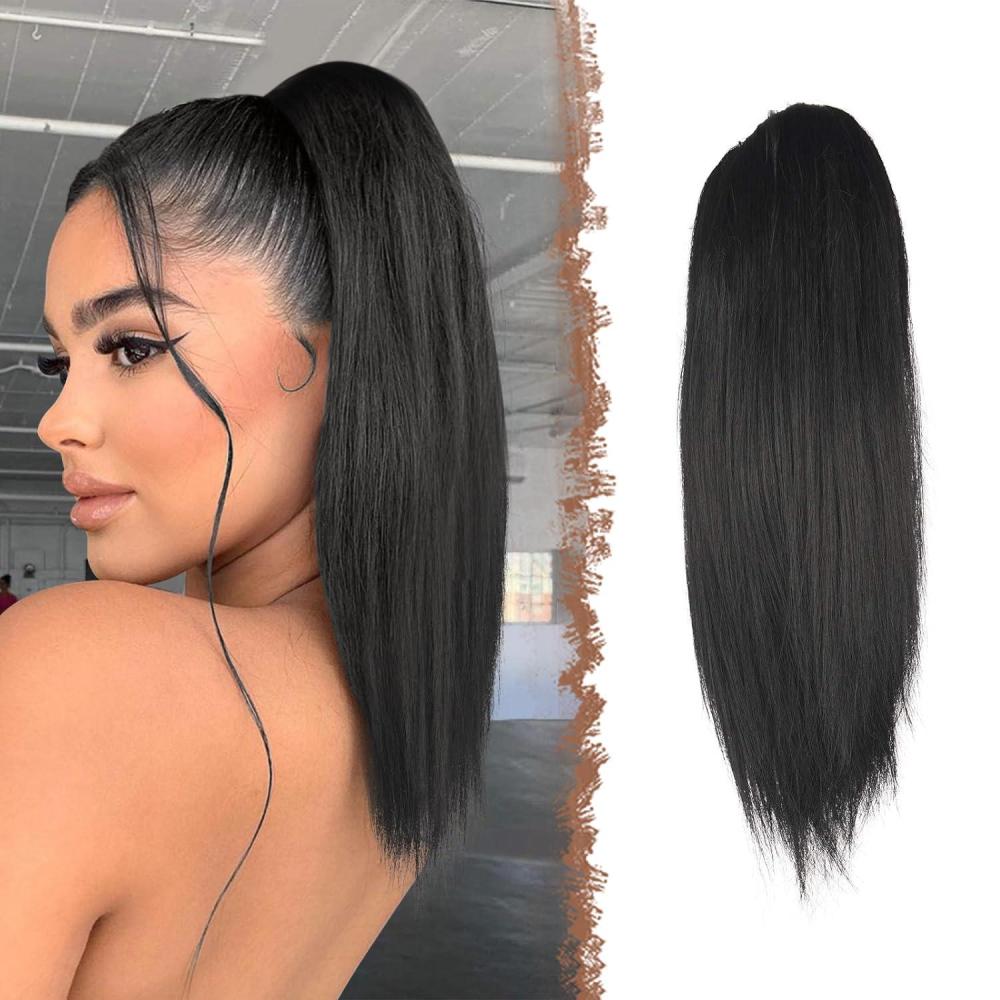 imageFESHFEN Drawstring Ponytail Extensions Natural Long Straight Clip in Synthetic Hair Pieces Drawstring Ponytails Hairpieces for Women Light Brown 20 inch1 Natural BlackDrawstring