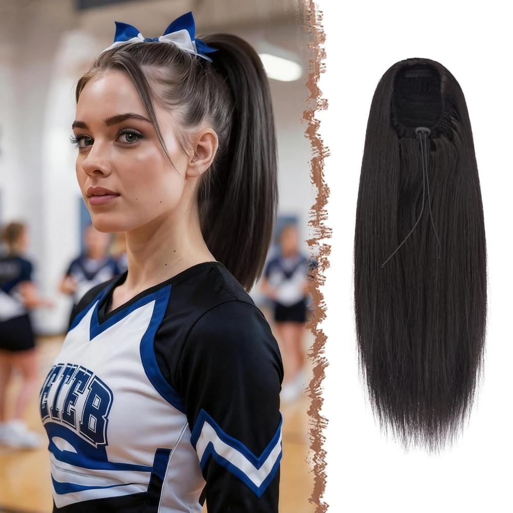 imageFESHFEN Drawstring Ponytail Extensions Natural Long Straight Clip in Synthetic Hair Pieces Drawstring Ponytails Hairpieces for Women Light Brown 20 inch4 Black BrownDrawstring