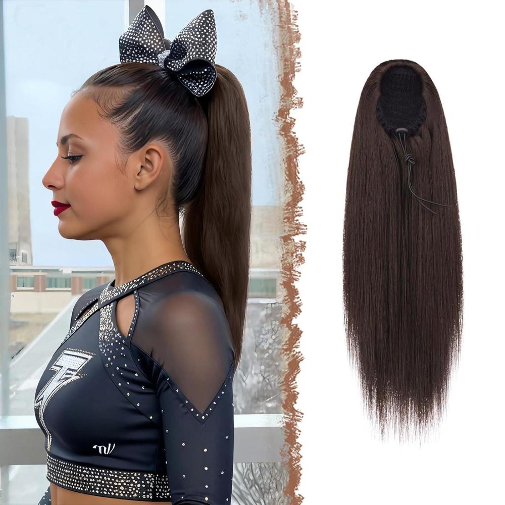 imageFESHFEN Drawstring Ponytail Extensions Natural Long Straight Clip in Synthetic Hair Pieces Drawstring Ponytails Hairpieces for Women Light Brown 20 inchBrownDrawstring