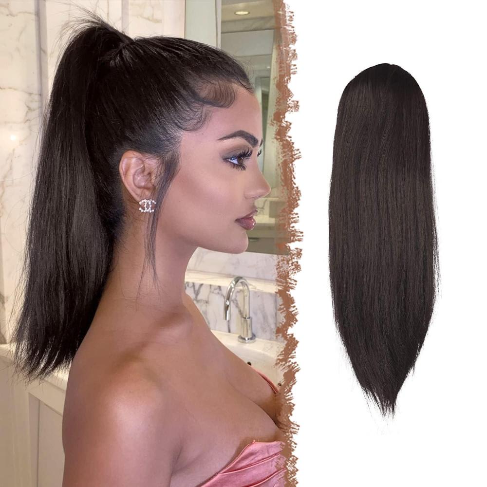imageFESHFEN Drawstring Ponytail Extensions Natural Long Straight Clip in Synthetic Hair Pieces Drawstring Ponytails Hairpieces for Women Light Brown 20 inch6 Darkest BrownDrawstring