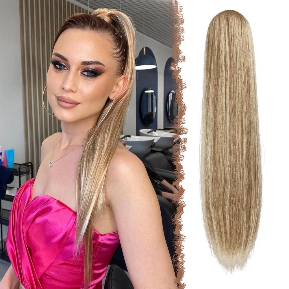 imageFESHFEN Drawstring Ponytail Extensions Natural Long Straight Clip in Synthetic Hair Pieces Drawstring Ponytails Hairpieces for Women Light Brown 20 inchMixed BlondeDrawstring