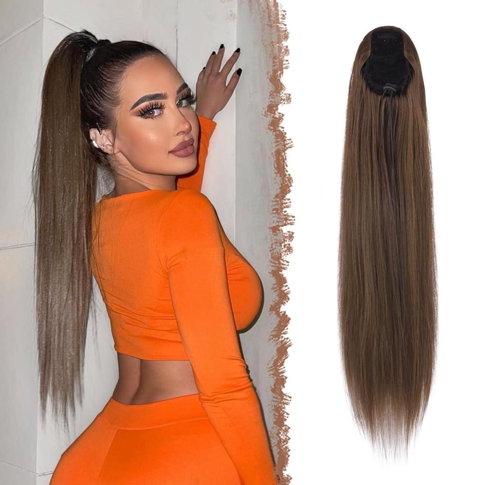imageFESHFEN Drawstring Ponytail Extensions Natural Long Straight Clip in Synthetic Hair Pieces Drawstring Ponytails Hairpieces for Women Light Brown 20 inchMoss BrownDrawstring