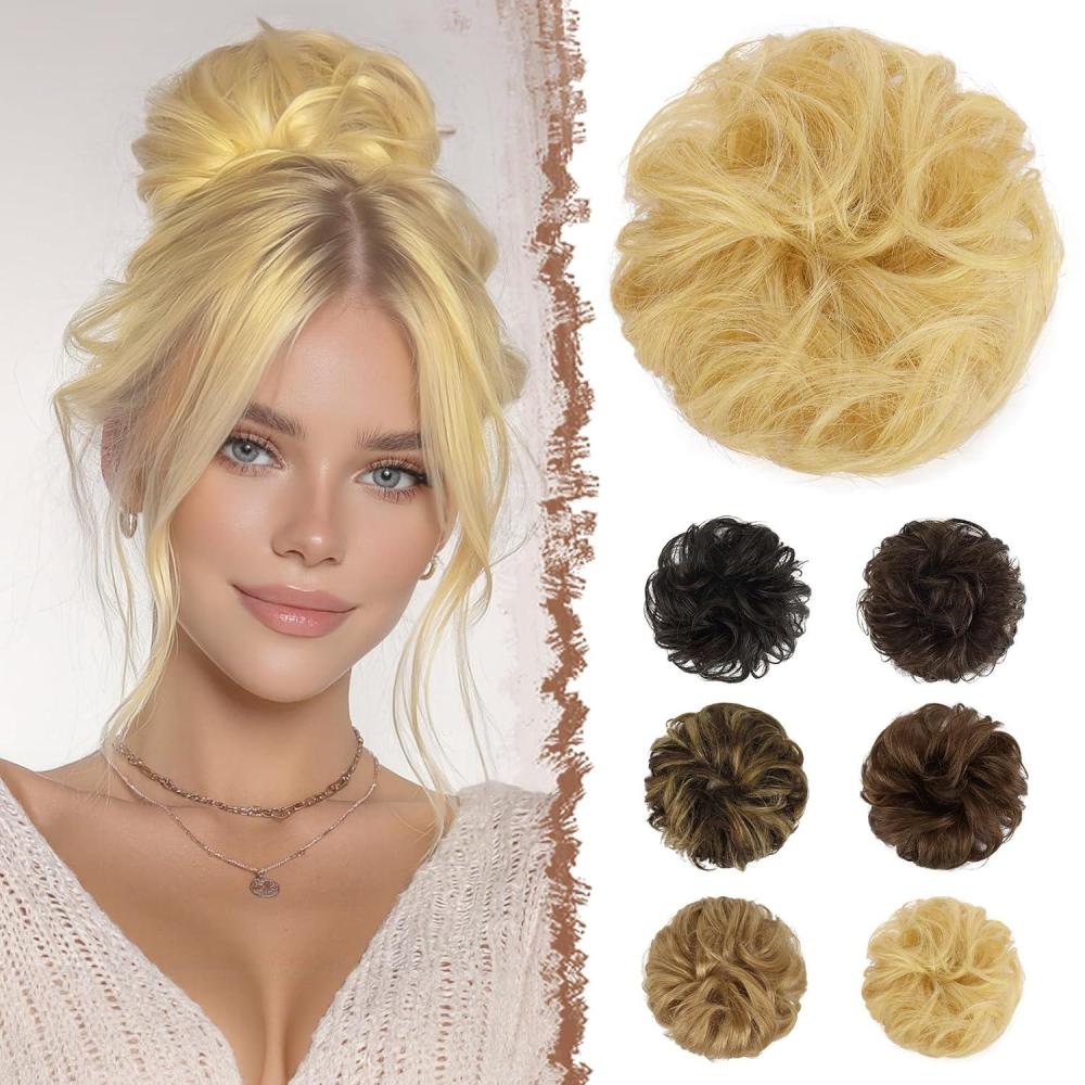 imageFESHFEN Human Messy Buns  100 Human Hair Bun Real Scrunchies Hair Pieces Ponytail Extensions Wavy Tousled Updo Chignon Hairpieces for Women Light Blonde18613 Mixed Blonde