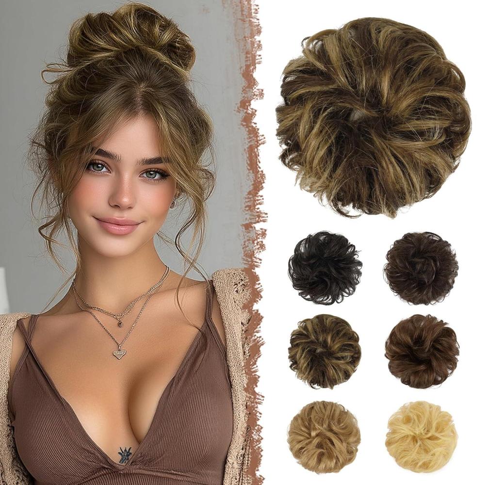 imageFESHFEN Human Messy Buns  100 Human Hair Bun Real Scrunchies Hair Pieces Ponytail Extensions Wavy Tousled Updo Chignon Hairpieces for Women Light Blonde4P27 Brown Mixed Blonde
