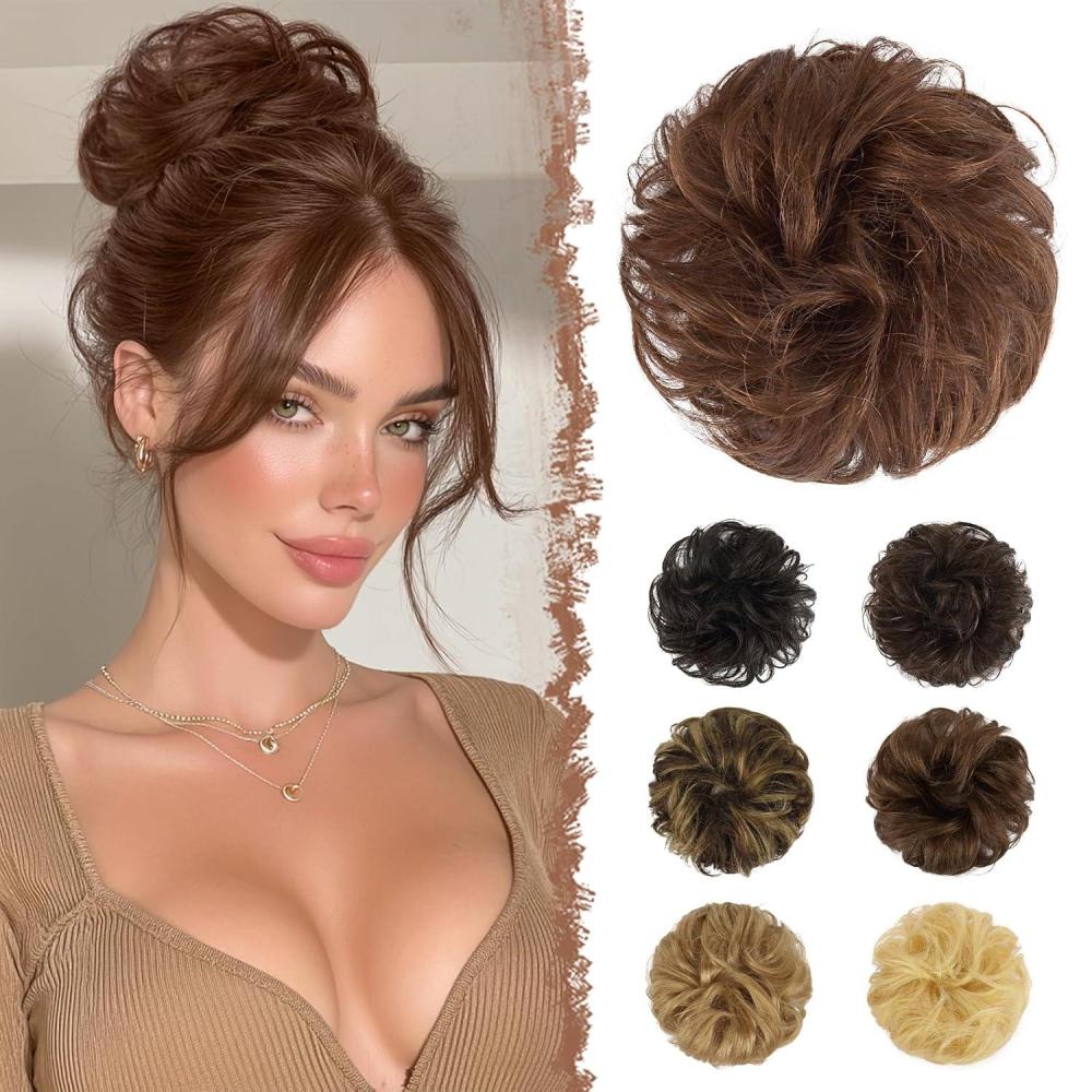 imageFESHFEN Human Messy Buns  100 Human Hair Bun Real Scrunchies Hair Pieces Ponytail Extensions Wavy Tousled Updo Chignon Hairpieces for Women Light Blonde30 Medium Auburn