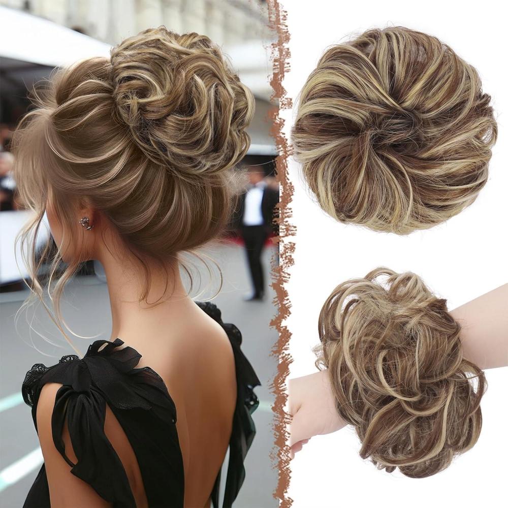 imageFESHFEN Large Messy Bun Hair Piece  Wavy Synthetic Chignon Scrunchies Elastic Ponytail Hair Extensions Thick Hairpieces for Women Brunette Brown 194oz12H26 Copper Brown  Beige Blonde