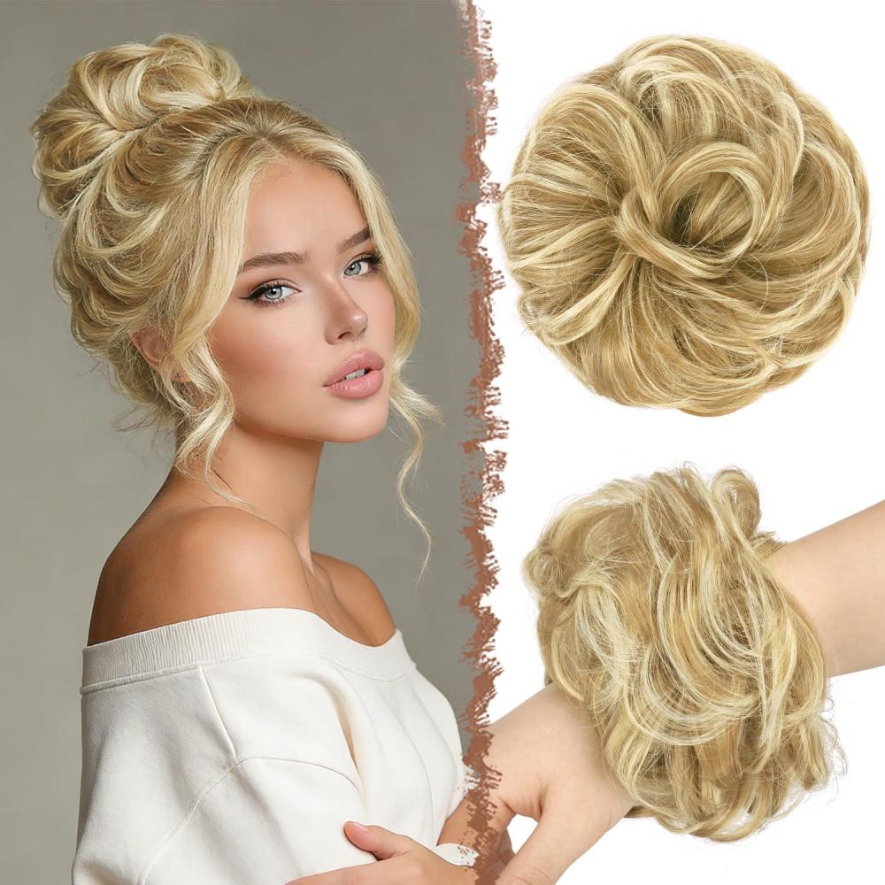 imageFESHFEN Large Messy Bun Hair Piece  Wavy Synthetic Chignon Scrunchies Elastic Ponytail Hair Extensions Thick Hairpieces for Women Brunette Brown 194ozSunny Blonde