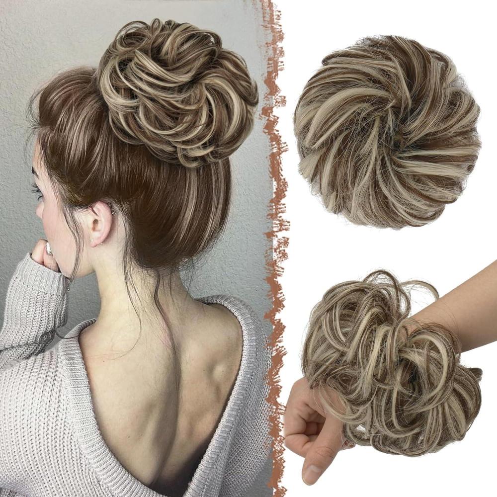imageFESHFEN Large Messy Bun Hair Piece  Wavy Synthetic Chignon Scrunchies Elastic Ponytail Hair Extensions Thick Hairpieces for Women Brunette Brown 194oz10H613 Golden Brown  Bleach Blonde