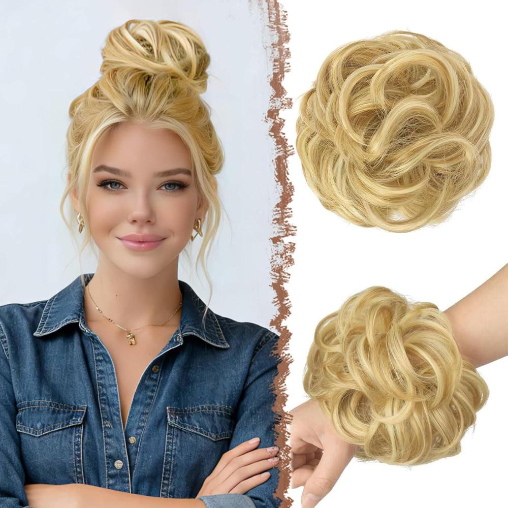 imageFESHFEN Large Messy Bun Hair Piece  Wavy Synthetic Chignon Scrunchies Elastic Ponytail Hair Extensions Thick Hairpieces for Women Brunette Brown 194oz27H613 Strawberry Blonde  Bleach Blonde