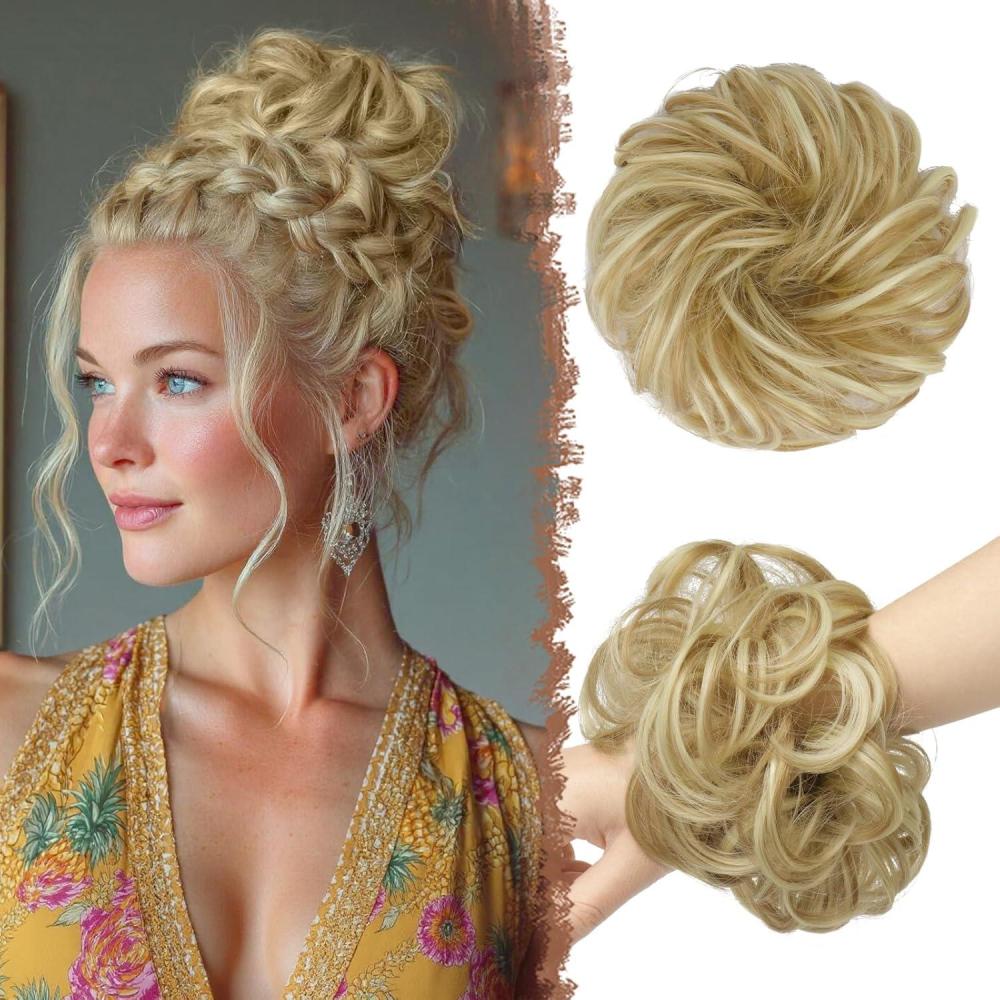 imageFESHFEN Large Messy Bun Hair Piece  Wavy Synthetic Chignon Scrunchies Elastic Ponytail Hair Extensions Thick Hairpieces for Women Brunette Brown 194oz22H613 Light Ash Brown  Bleach Blonde