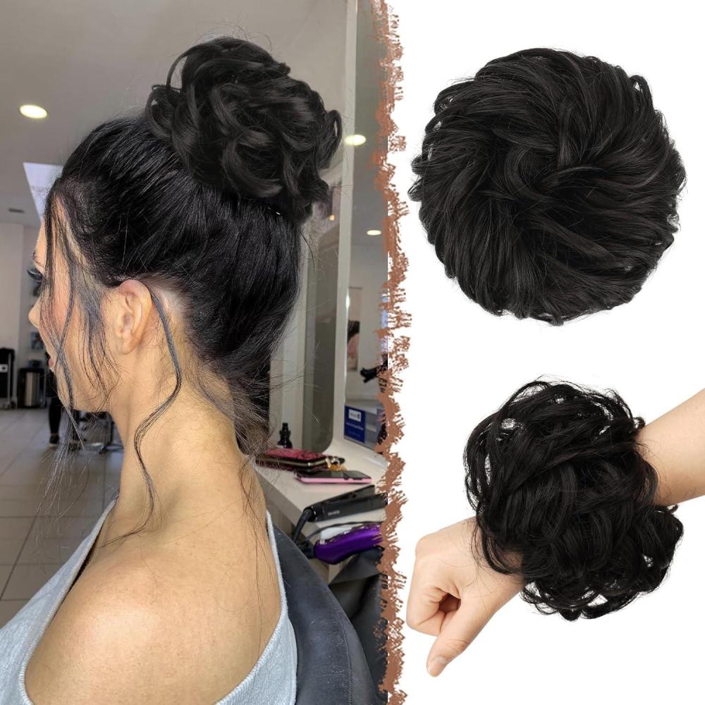 imageFESHFEN Large Messy Bun Hair Piece Wavy Synthetic Chignon Scrunchies Elastic Ponytail Hair Extensions Thick Hairpieces for Women Brunette Brown 194oz4 Black Brown