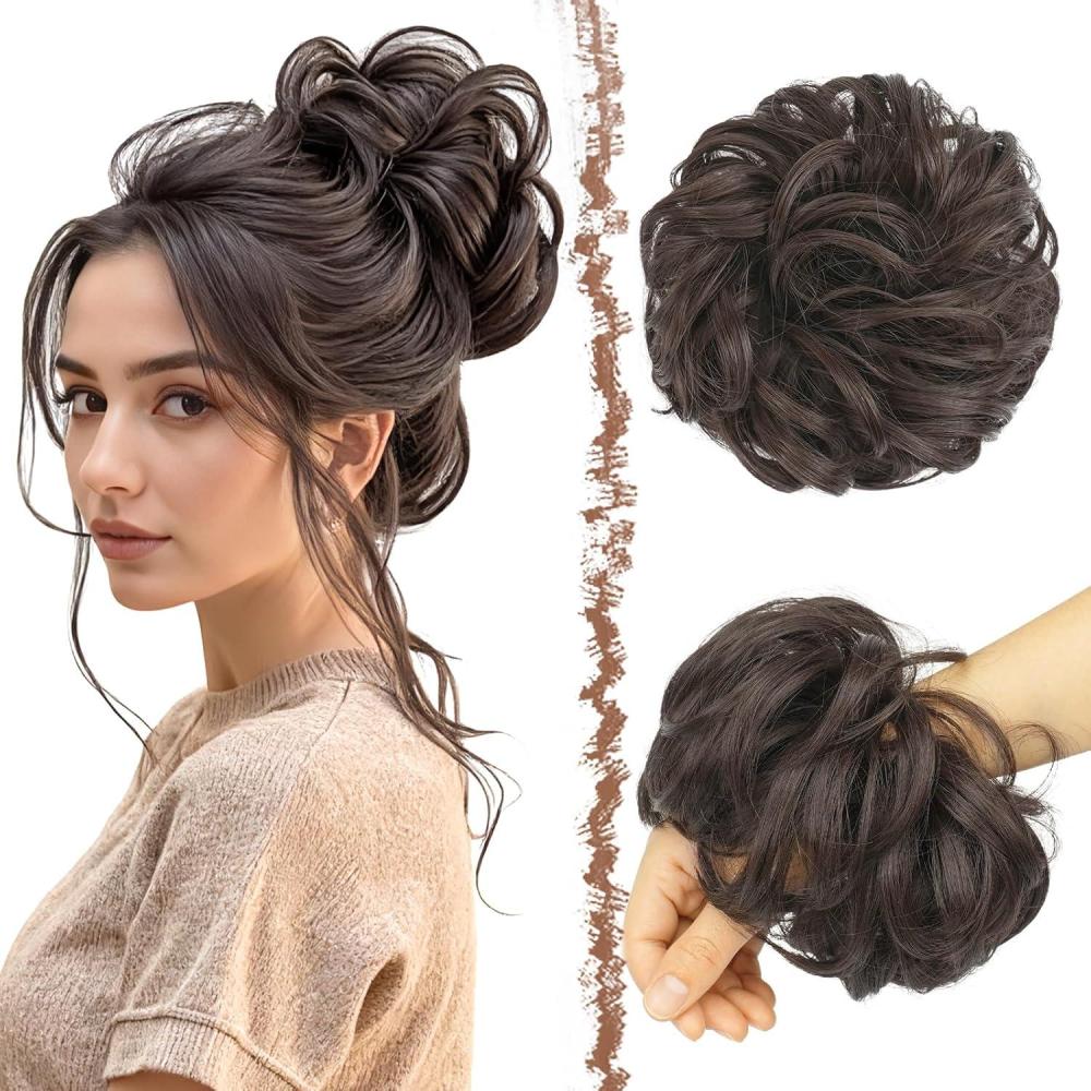 imageFESHFEN Large Messy Bun Hair Piece  Wavy Synthetic Chignon Scrunchies Elastic Ponytail Hair Extensions Thick Hairpieces for Women Brunette Brown 194oz6 Dark Brown