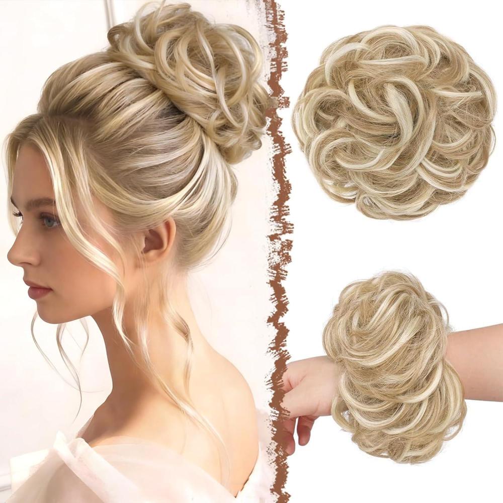 imageFESHFEN Large Messy Bun Hair Piece  Wavy Synthetic Chignon Scrunchies Elastic Ponytail Hair Extensions Thick Hairpieces for Women Brunette Brown 194oz16H613 Dirty Blonde