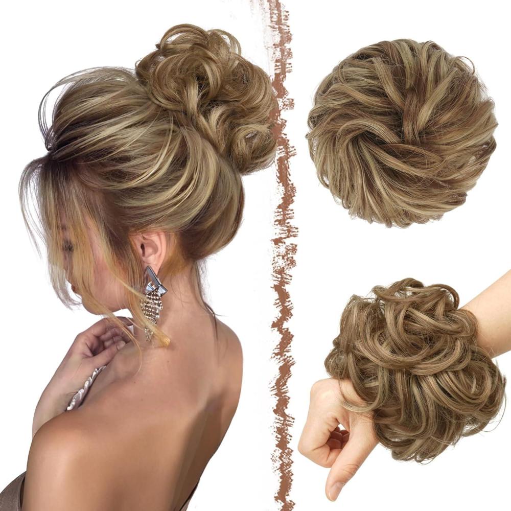 imageFESHFEN Large Messy Bun Hair Piece  Wavy Synthetic Chignon Scrunchies Elastic Ponytail Hair Extensions Thick Hairpieces for Women Brunette Brown 194oz12H24 Brown  Blonde