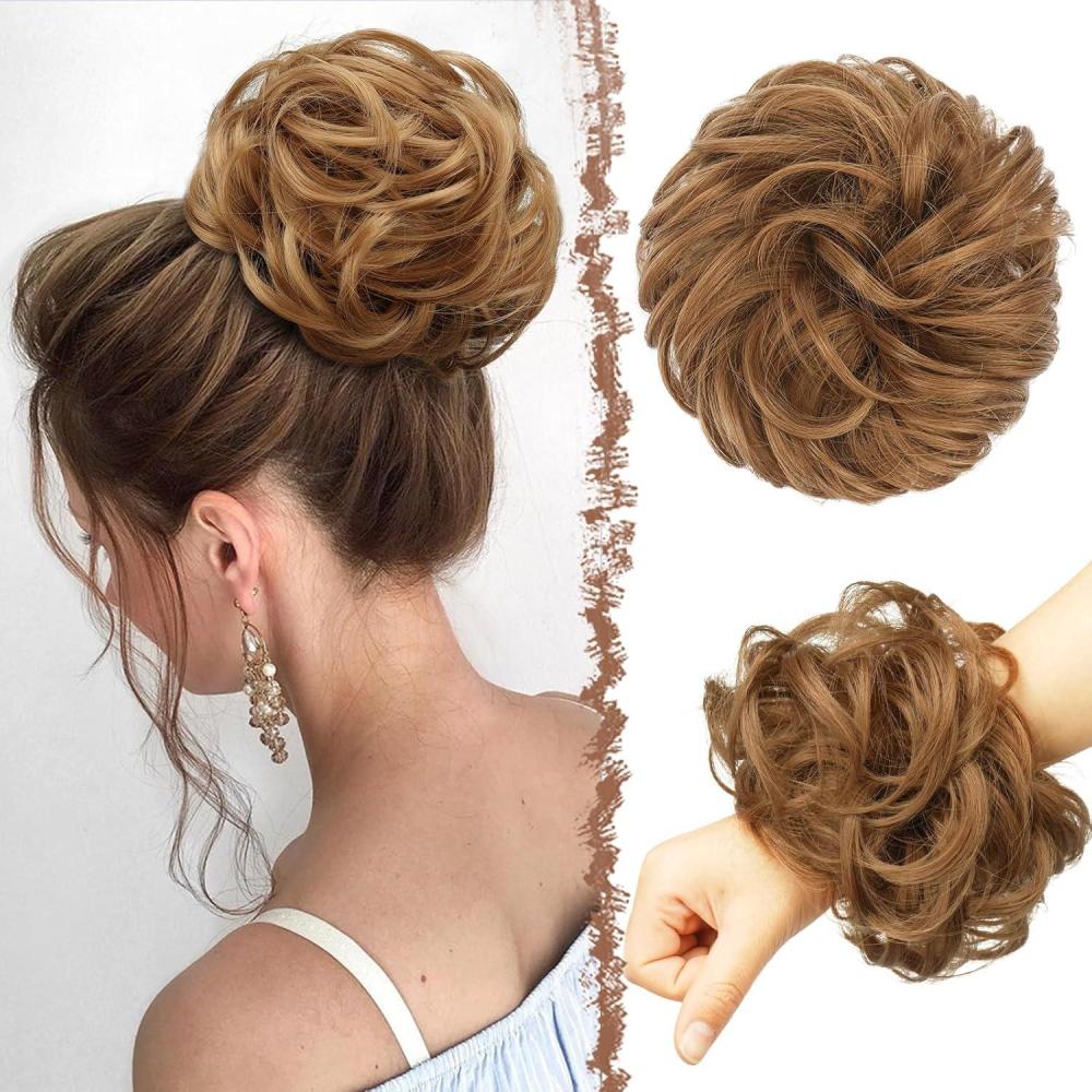 imageFESHFEN Large Messy Bun Hair Piece  Wavy Synthetic Chignon Scrunchies Elastic Ponytail Hair Extensions Thick Hairpieces for Women Brunette Brown 194ozJL2730 Strawberry Blonde