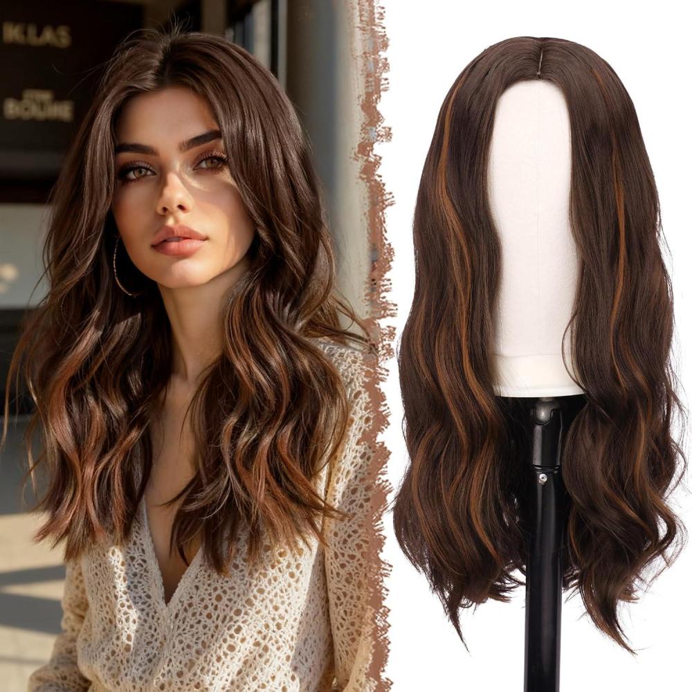 imageFESHFEN Long Dirty Blonde Wigs for Women 22 inch Middle Parting Synthetic Wavy Wig for Daily PartyBrown Mixed Auburn