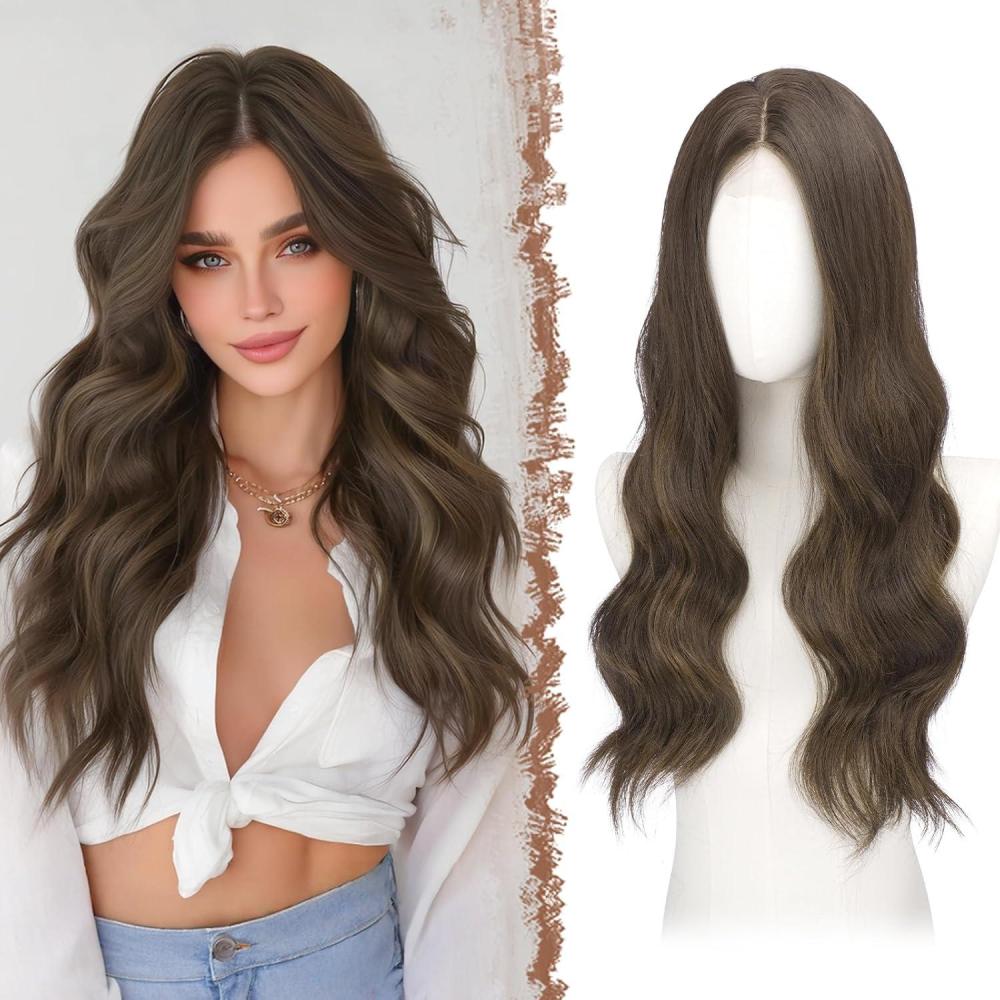 imageFESHFEN Long Dirty Blonde Wigs for Women 22 inch Middle Parting Synthetic Wavy Wig for Daily PartyBrown with Highlights