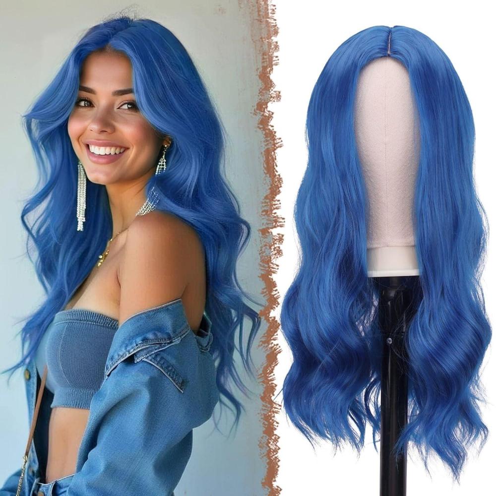 imageFESHFEN Long Dirty Blonde Wigs for Women 22 inch Middle Parting Synthetic Wavy Wig for Daily PartyDark Blue