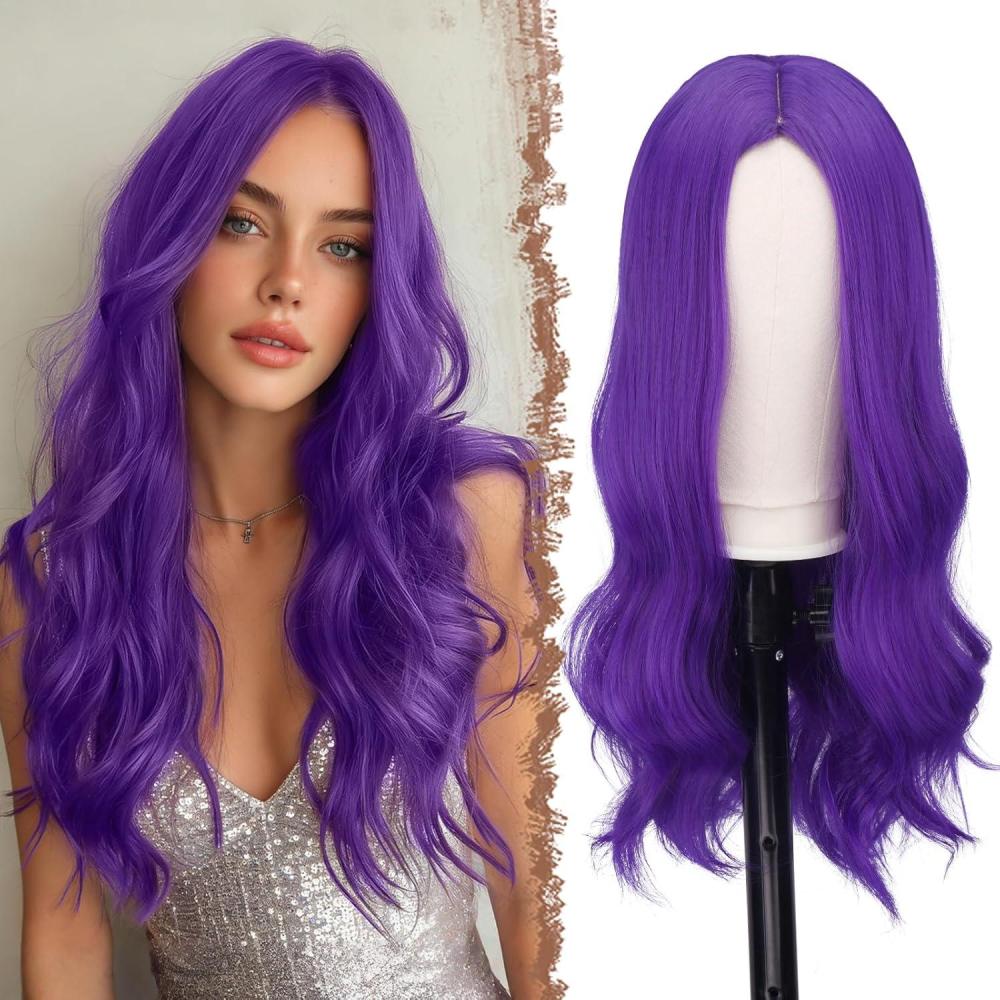 imageFESHFEN Long Dirty Blonde Wigs for Women 22 inch Middle Parting Synthetic Wavy Wig for Daily PartyDark Purple