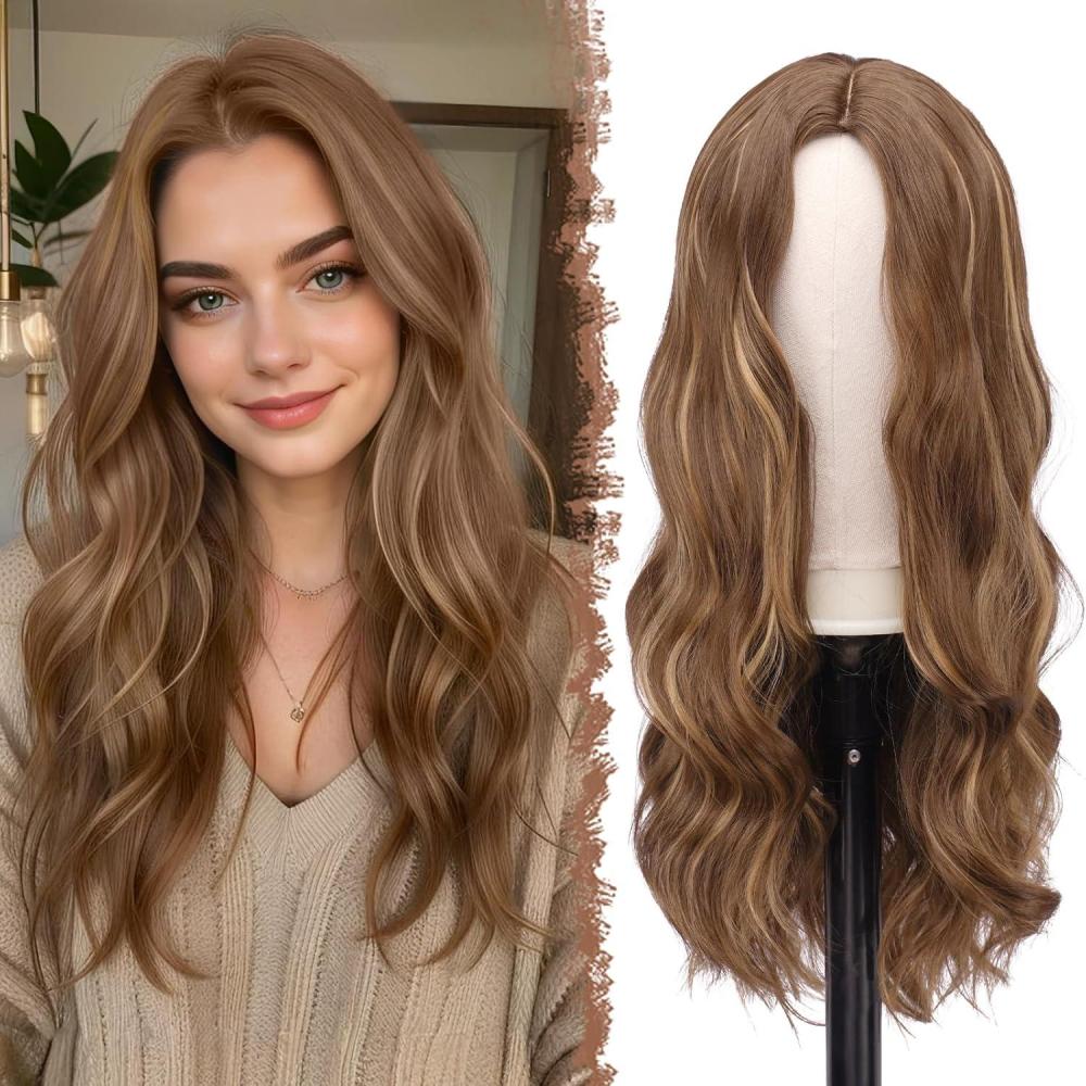 imageFESHFEN Long Dirty Blonde Wigs for Women 22 inch Middle Parting Synthetic Wavy Wig for Daily PartyHoney Blonde Mixed Light Brown