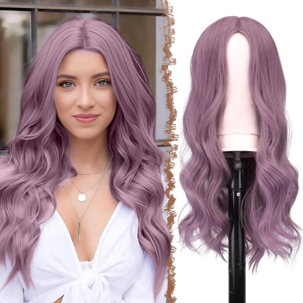 imageFESHFEN Long Dirty Blonde Wigs for Women 22 inch Middle Parting Synthetic Wavy Wig for Daily PartyLilac PurpleMiddle Parting