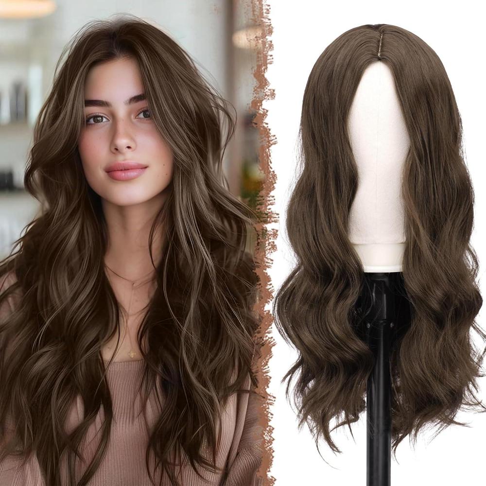 imageFESHFEN Long Dirty Blonde Wigs for Women 22 inch Middle Parting Synthetic Wavy Wig for Daily PartyMedium Brown