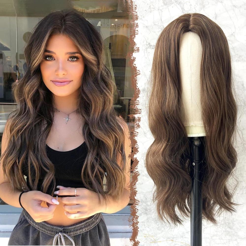 imageFESHFEN Long Dirty Blonde Wigs for Women 22 inch Middle Parting Synthetic Wavy Wig for Daily PartyMixed BrownMiddle Parting