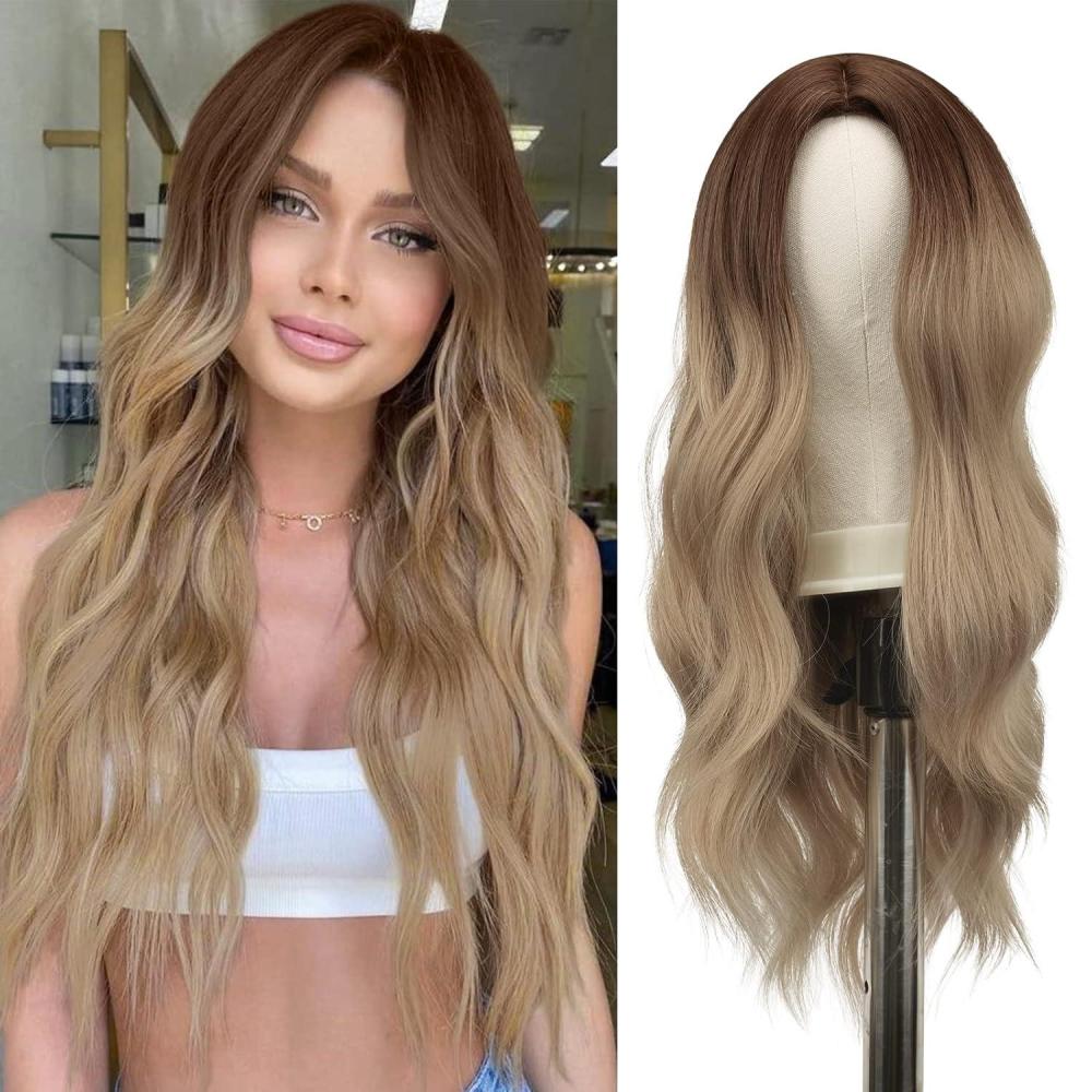 imageFESHFEN Long Dirty Blonde Wigs for Women 22 inch Middle Parting Synthetic Wavy Wig for Daily PartyOmbre Blonde