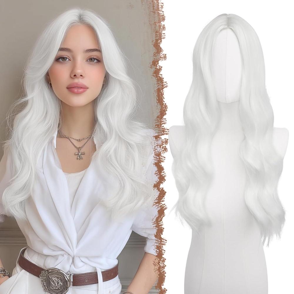 imageFESHFEN Long Dirty Blonde Wigs for Women 22 inch Middle Parting Synthetic Wavy Wig for Daily PartyWhite