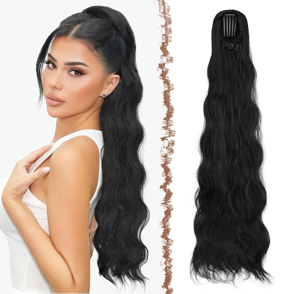imageFESHFEN Long Drawstring Ponytail Extension 30 Inch Wavy Curly Comb Clip in Ponytail Hair Extensions Synthetic Pony Tails Clip on Hairpieces for Women Strawberry Blonde1B Black