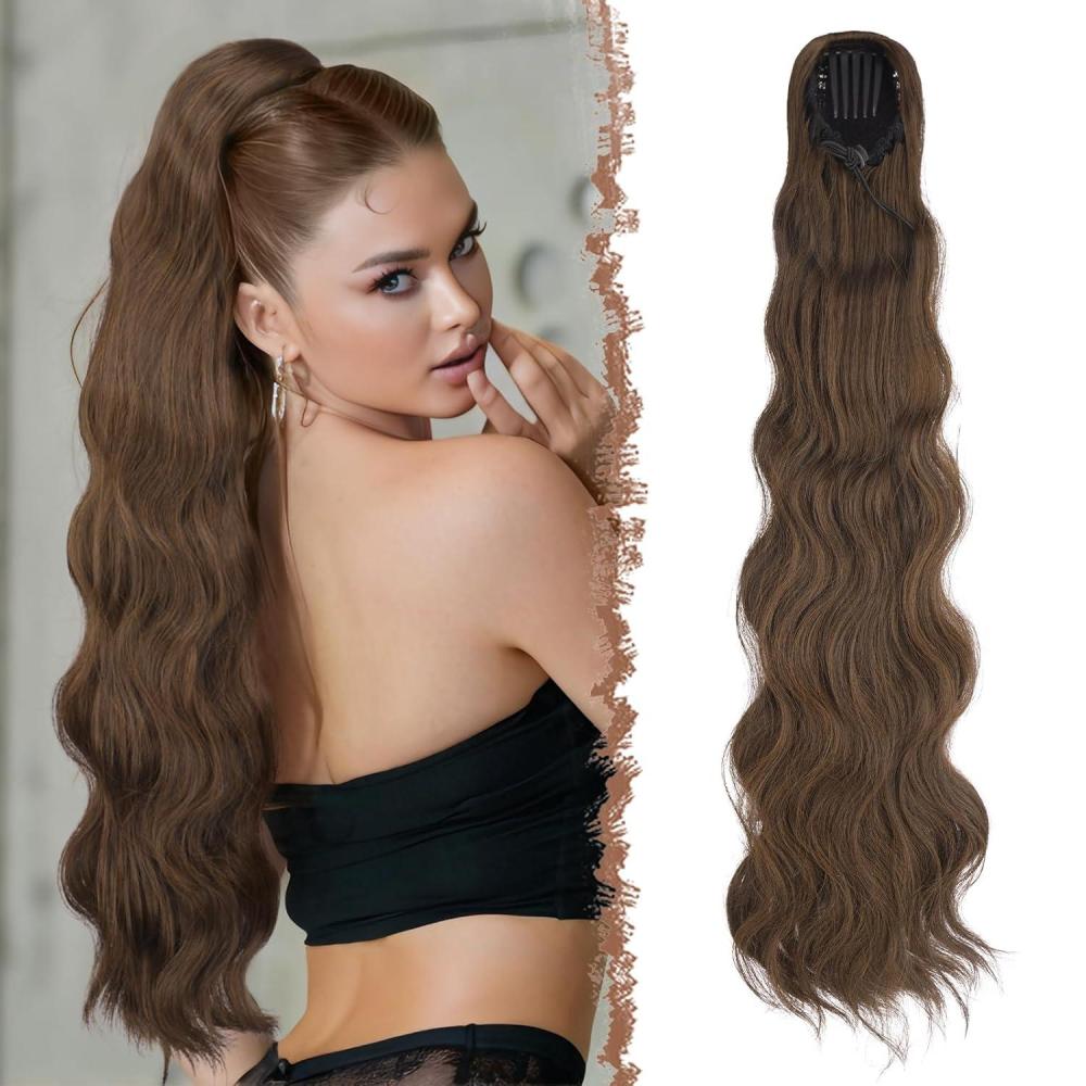 imageFESHFEN Long Drawstring Ponytail Extension 30 Inch Wavy Curly Comb Clip in Ponytail Hair Extensions Synthetic Pony Tails Clip on Hairpieces for Women Strawberry Blonde430 Brown Mixed Light Auburn