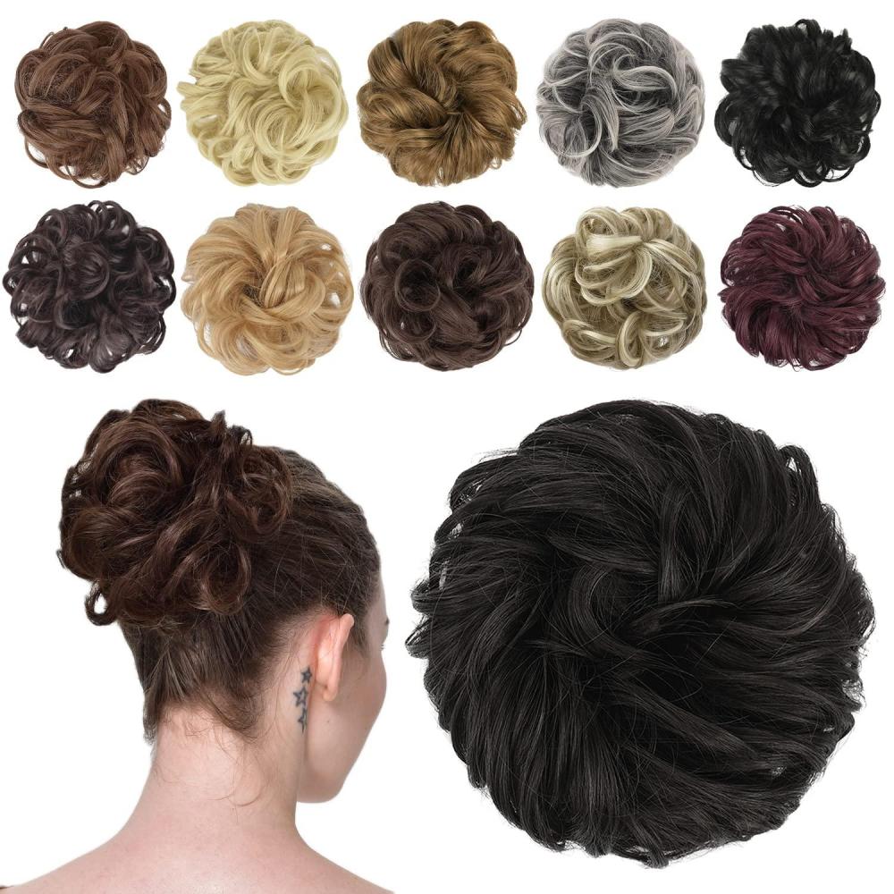 imageFESHFEN Messy Bun Hair Piece  Wavy Synthetic Chignon Scrunchies for Instant Volume Elastic Bun Ponytail Hair Extensions Thick Hairpieces for Women Black Gray and White Tips 150 oz4 Black Brown