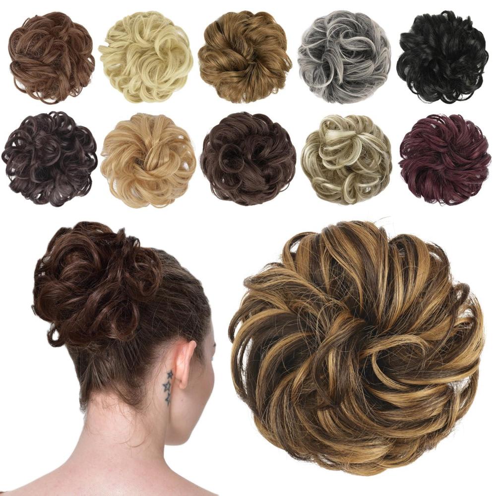 imageFESHFEN Messy Bun Hair Piece Wavy Synthetic Chignon Scrunchies for Instant Volume Elastic Bun Ponytail Hair Extensions Thick Hairpieces for Women Black Gray and White Tips 150 oz4AH26 Brown Highlighted Caramel Blonde