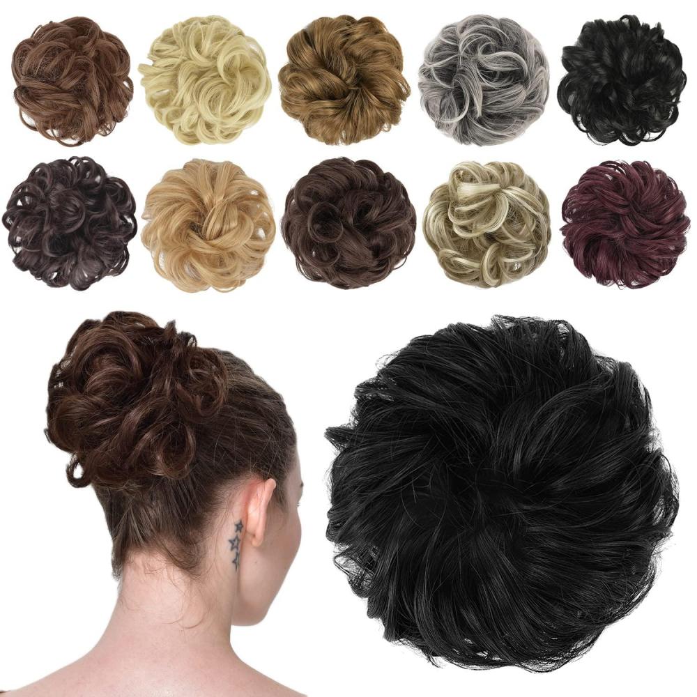 imageFESHFEN Messy Bun Hair Piece  Wavy Synthetic Chignon Scrunchies for Instant Volume Elastic Bun Ponytail Hair Extensions Thick Hairpieces for Women Black Gray and White Tips 150 oz1B Off Black