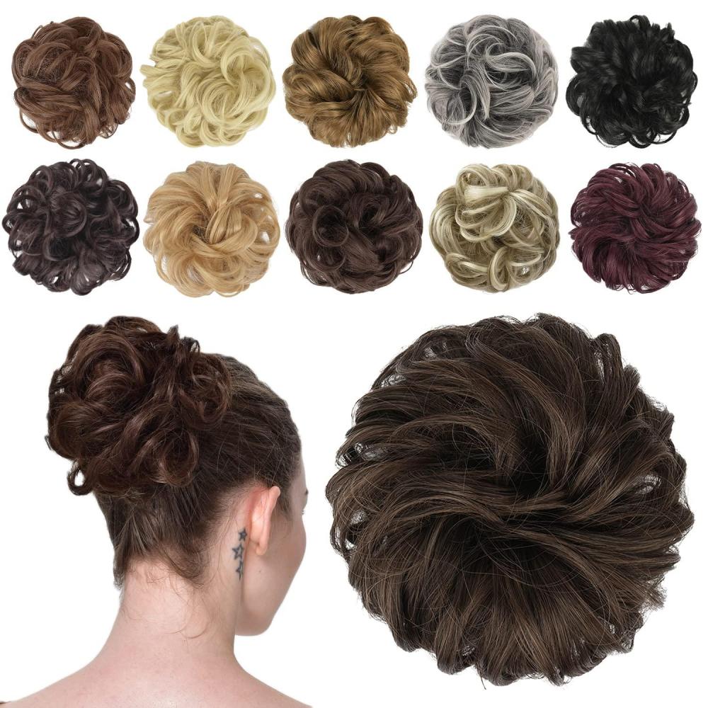 imageFESHFEN Messy Bun Hair Piece  Wavy Synthetic Chignon Scrunchies for Instant Volume Elastic Bun Ponytail Hair Extensions Thick Hairpieces for Women Black Gray and White Tips 150 oz230 Dark Brown  Light Auburn Mixed