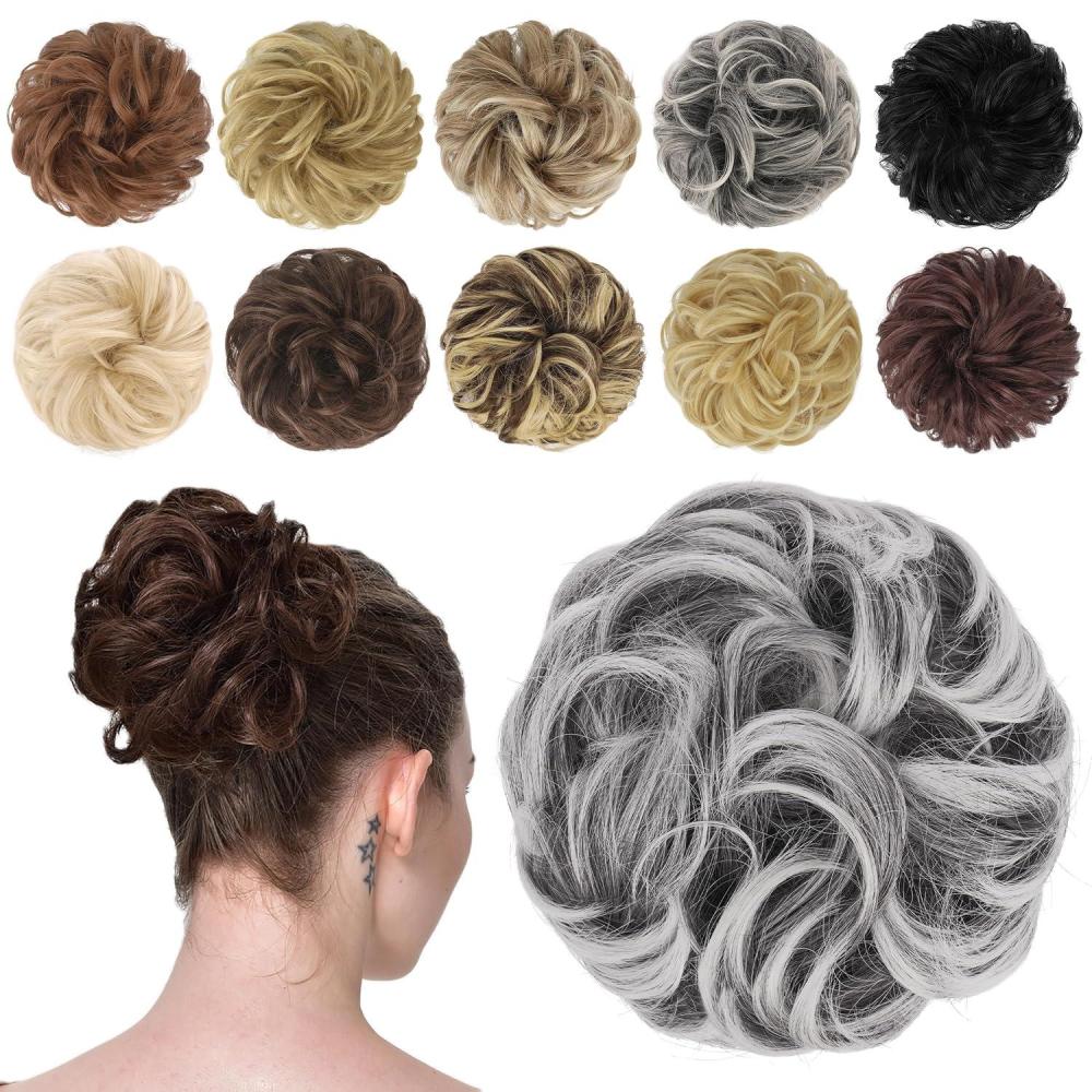 imageFESHFEN Messy Bun Hair Piece  Wavy Synthetic Chignon Scrunchies for Instant Volume Elastic Bun Ponytail Hair Extensions Thick Hairpieces for Women Black Gray and White Tips 150 oz4TGrey Black with White Tips