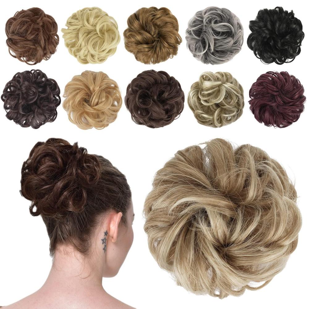 imageFESHFEN Messy Bun Hair Piece  Wavy Synthetic Chignon Scrunchies for Instant Volume Elastic Bun Ponytail Hair Extensions Thick Hairpieces for Women Black Gray and White Tips 150 oz27T613A Mixed Blonde and Ash Blonde Tips