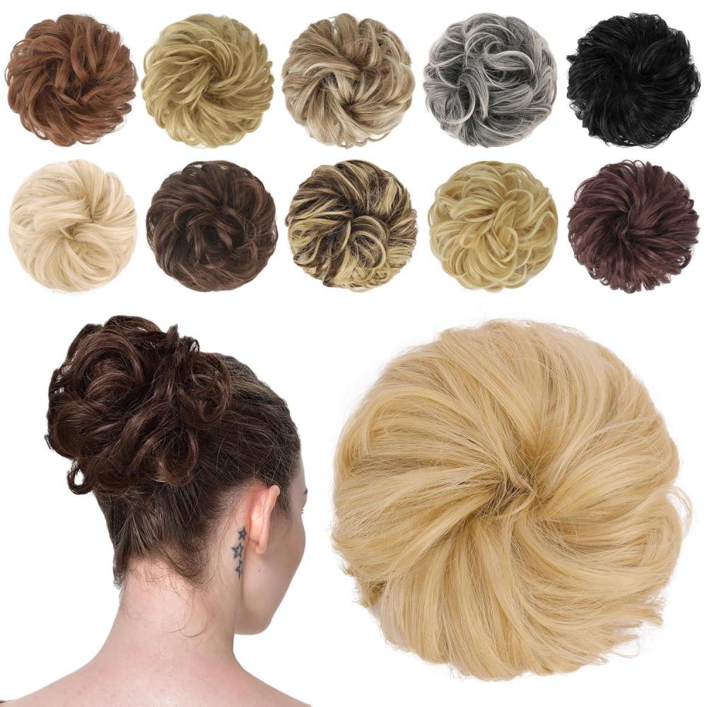 imageFESHFEN Messy Bun Hair Piece Wavy Synthetic Chignon Scrunchies for Instant Volume Elastic Bun Ponytail Hair Extensions Thick Hairpieces for Women Black Gray and White Tips 150 oz18613 Champagne Blonde