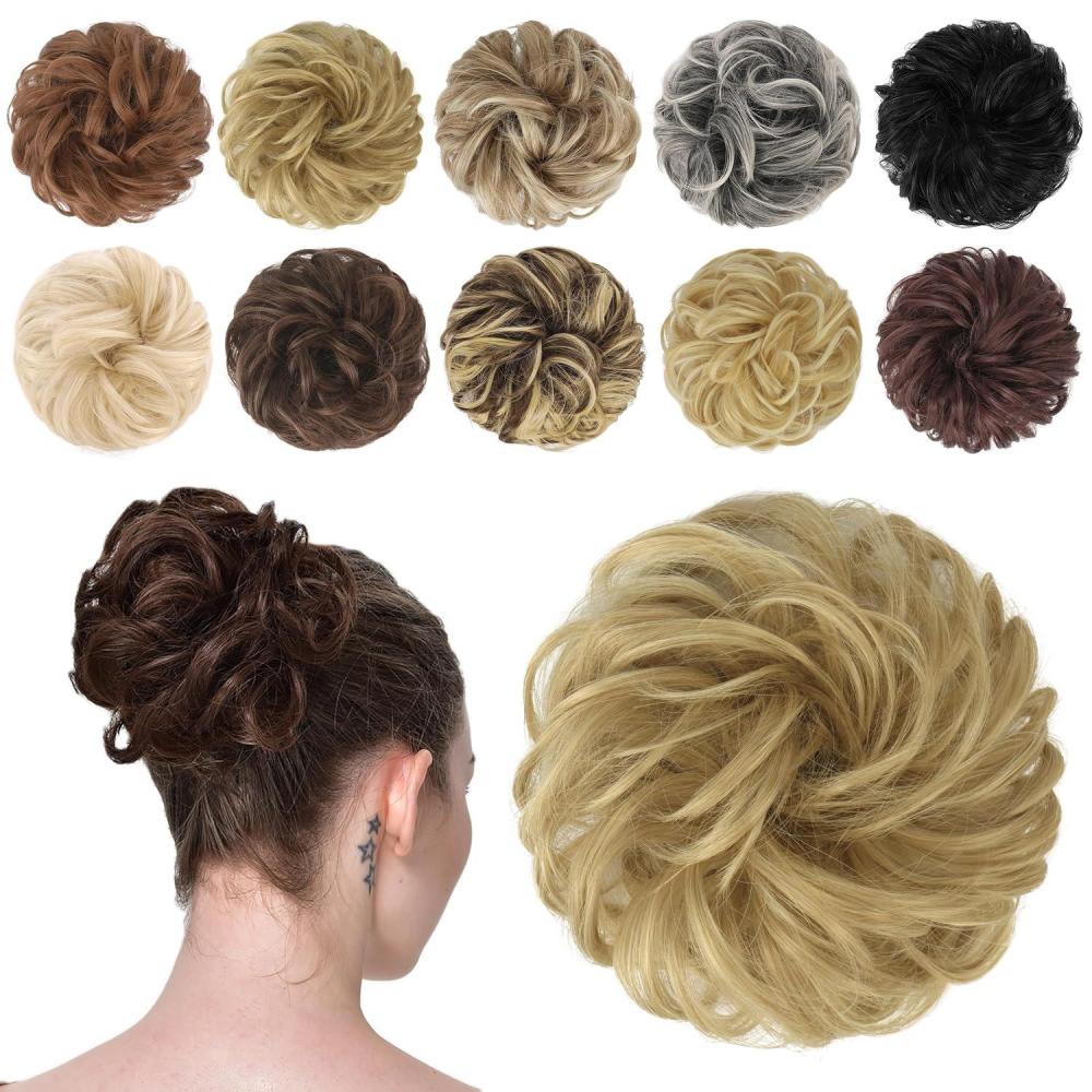 imageFESHFEN Messy Bun Hair Piece  Wavy Synthetic Chignon Scrunchies for Instant Volume Elastic Bun Ponytail Hair Extensions Thick Hairpieces for Women Black Gray and White Tips 150 oz22613 Light Golden Blonde