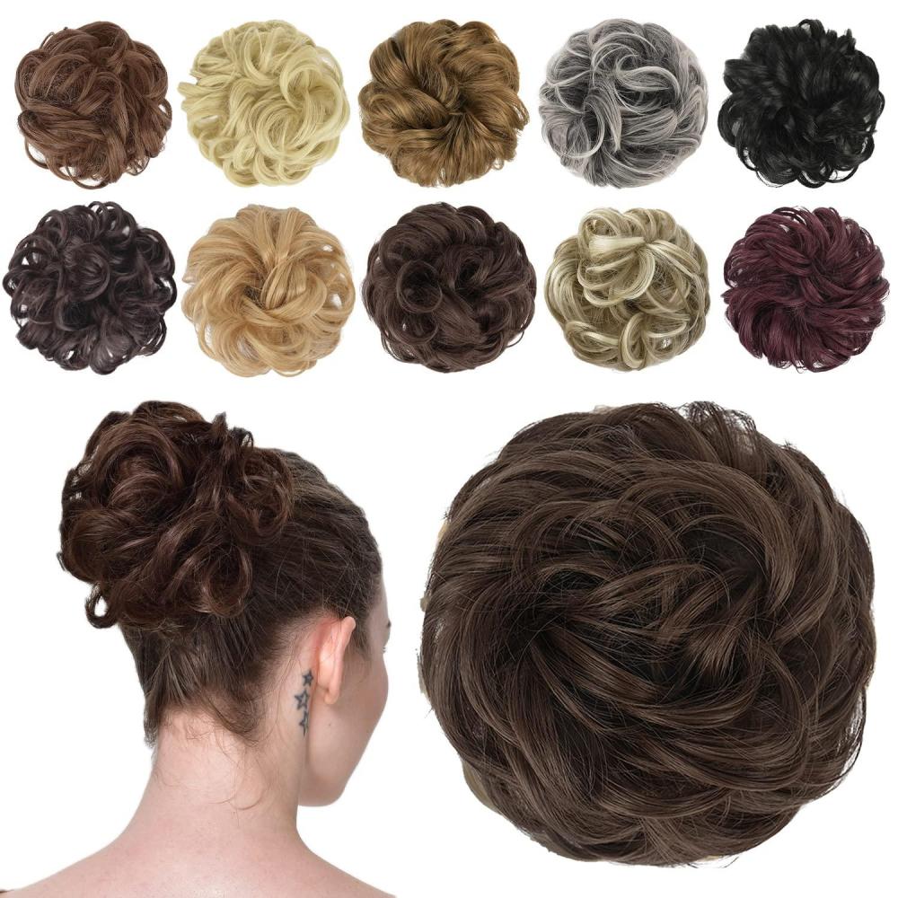 imageFESHFEN Messy Bun Hair Piece Wavy Synthetic Chignon Scrunchies for Instant Volume Elastic Bun Ponytail Hair Extensions Thick Hairpieces for Women Black Gray and White Tips 150 oz8 Medium Chestnut Brown